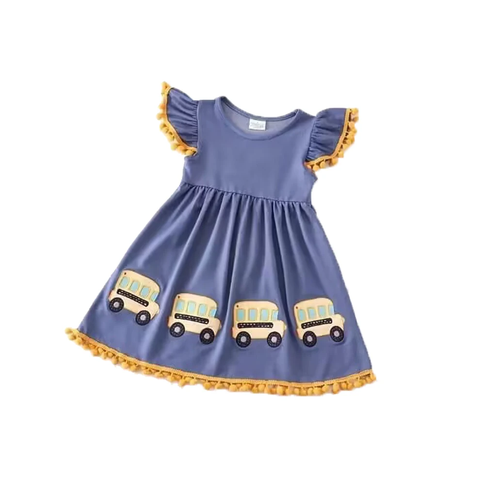 

Back to School New Best Selling Summer Boutique Boys Girls Clothes Cute Baby Dresses Knee Length Bus Prints
