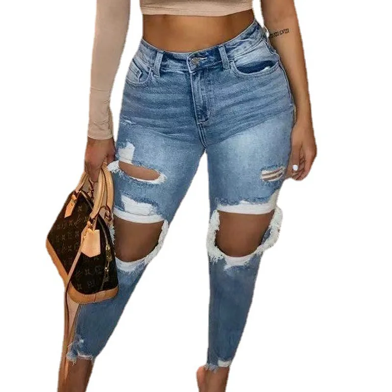 2022 Fashion New European and American Women's Cotton High Stretch Washed Hole Sexy Slim Jeans High Waisted Woman Jeans