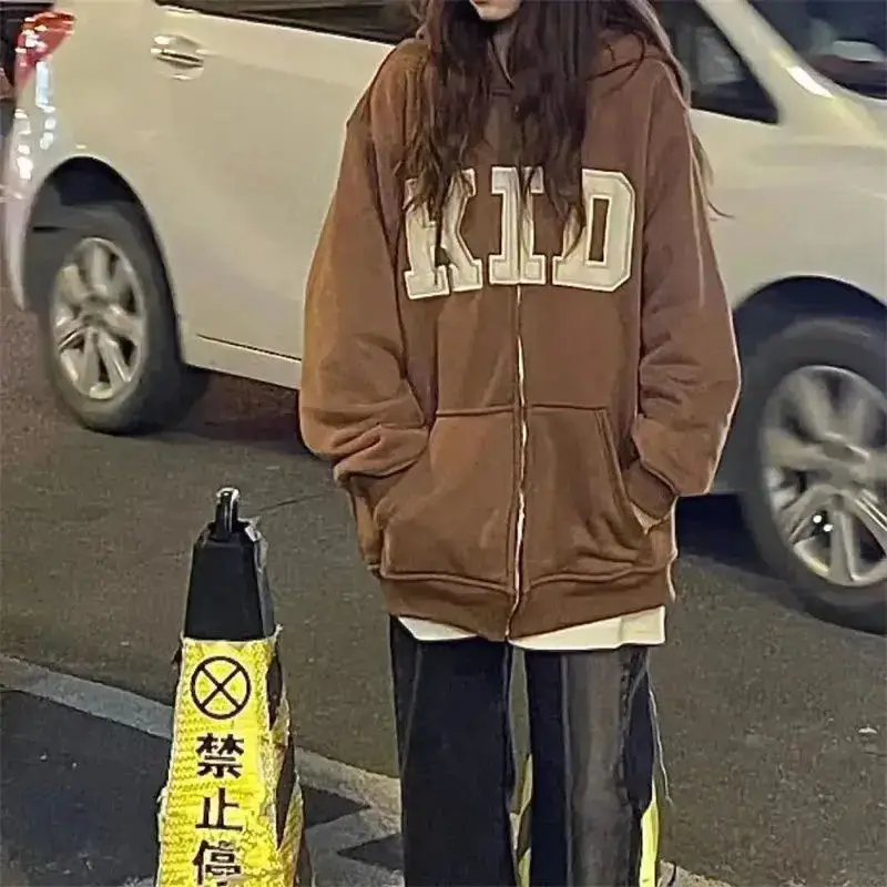 

Letter Print Hoodies Women High Street Retro Oversized Sweatshirt Women Loose Casual Simple Zip Up Hoodie Clothes for Teens Tops