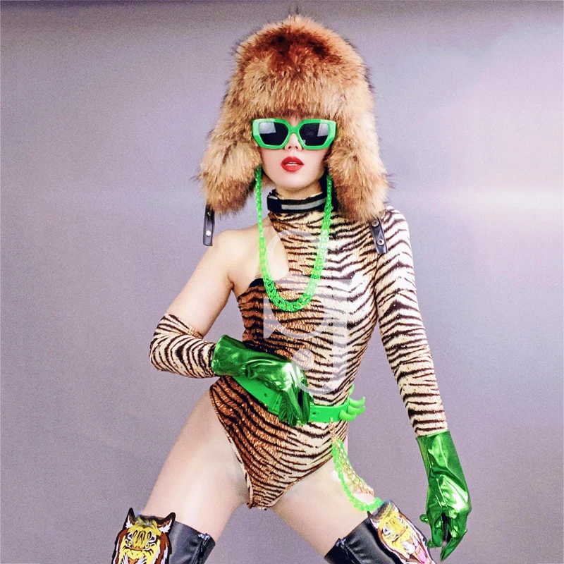 

Женский комбидресс с принтом тигра, теплая меховая шапка для танцев на шесте