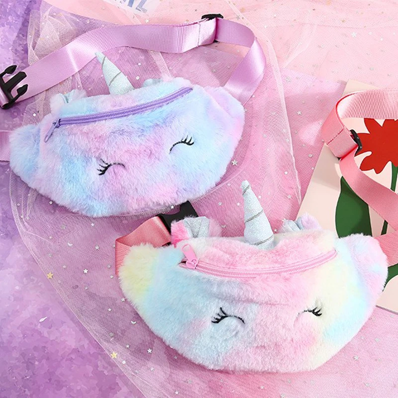 Fashion Girl Student Cute Bosom Bag Unicorn Children'S Plush Knapsack One Shoulder Unicorn Crossbody Bag Pouch Waist Bag