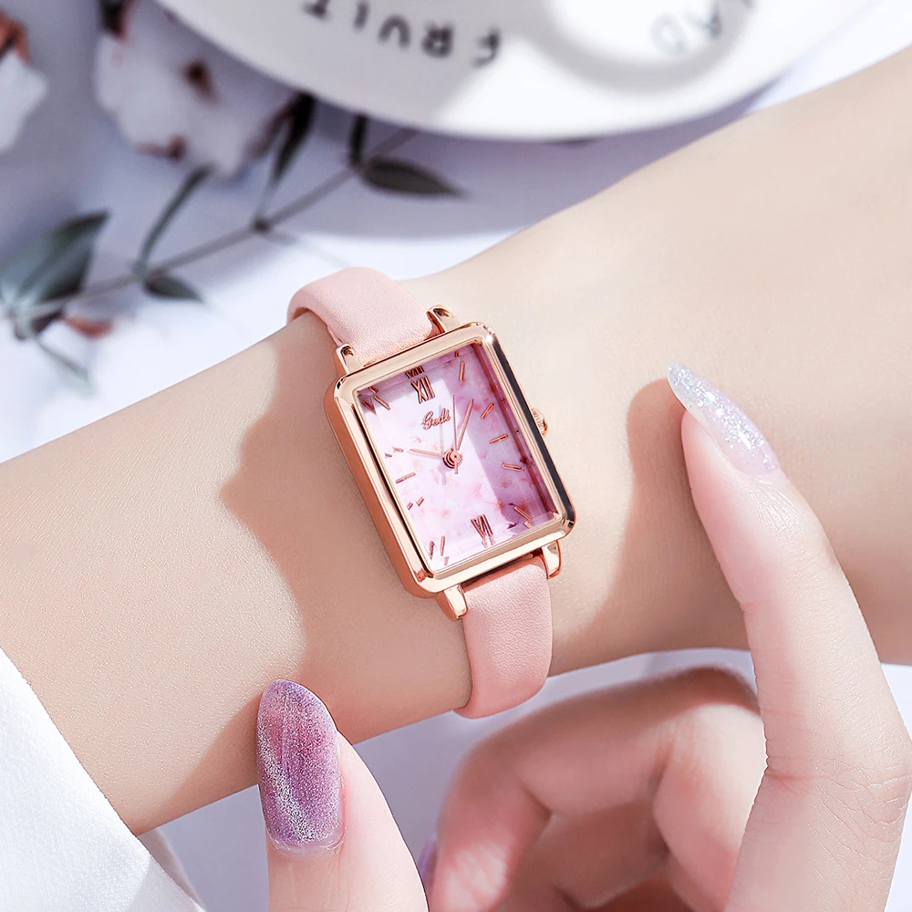 GEDI Fashion Rectangle Sakura Pink Small Women Watches Luxury Brand Leather Strap Ultra-thin Elegant Quartz Ladies Clock Relogio