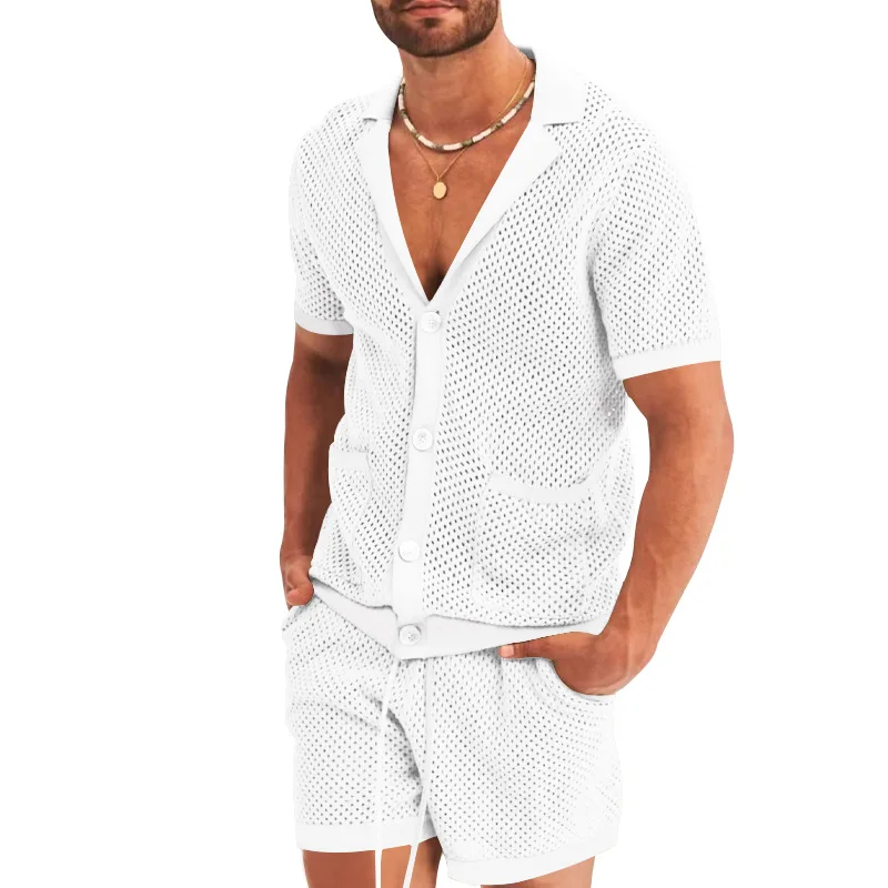 New Activewear Set Men Casual Hollow Out Turn Down Short Sleeve Cardigan Shirts+Shorts Streetwear Fishnet  Two Piece Suit