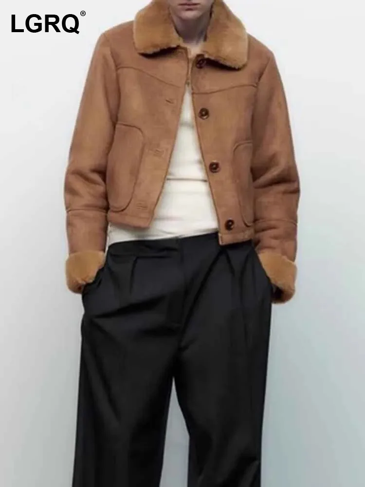 

LGRQ 2023 Модная элегантная осенне-зимняя короткая куртка с начесом с меховым воротником дизайнерское женское кожаное пальто высокого качества модное 19Z1007