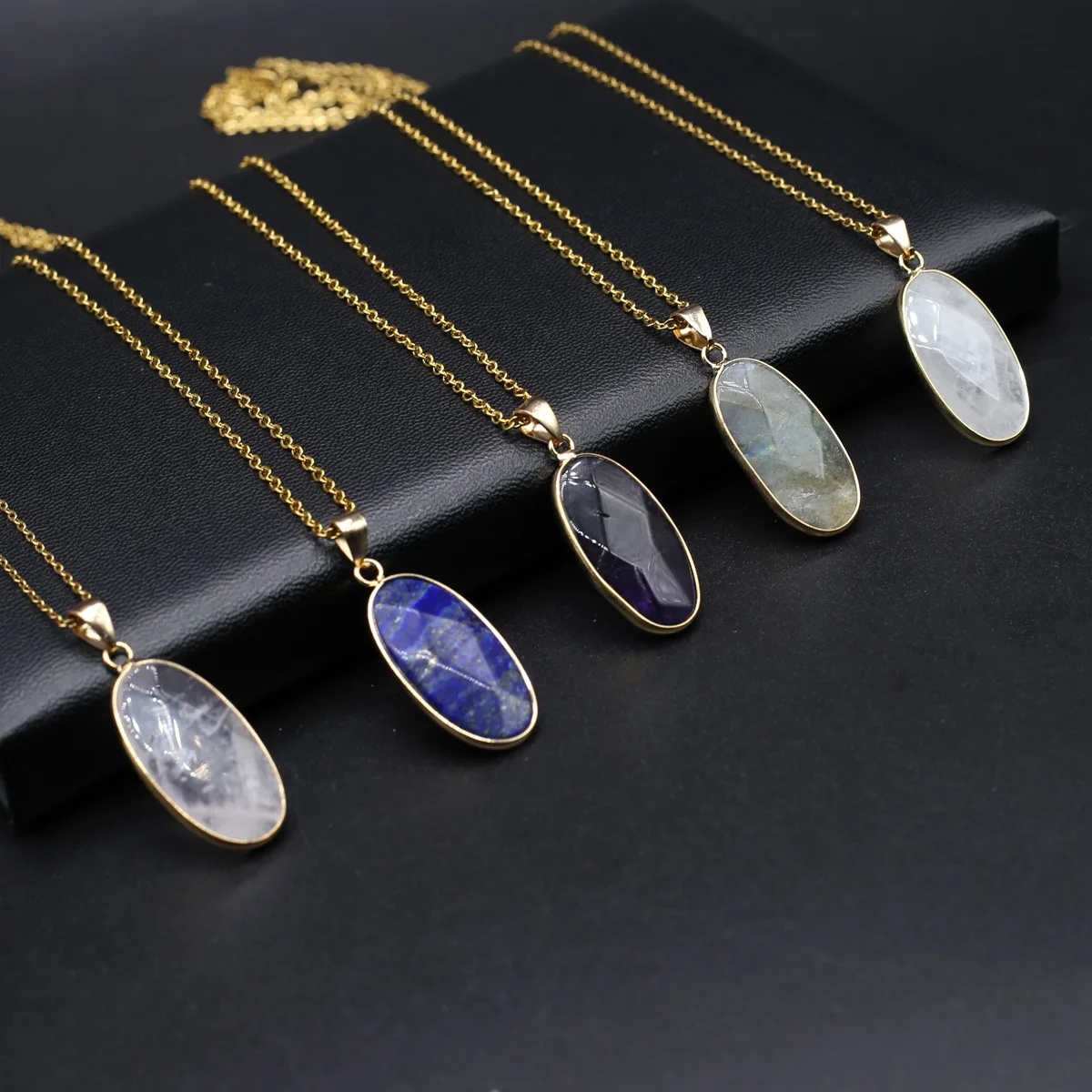 

Natural Stone Faceted Oval Pendant Necklace Tiger Eye Stone Rose Quartz Stainless Steel Chain for Charm Jewelry Necklace Gift