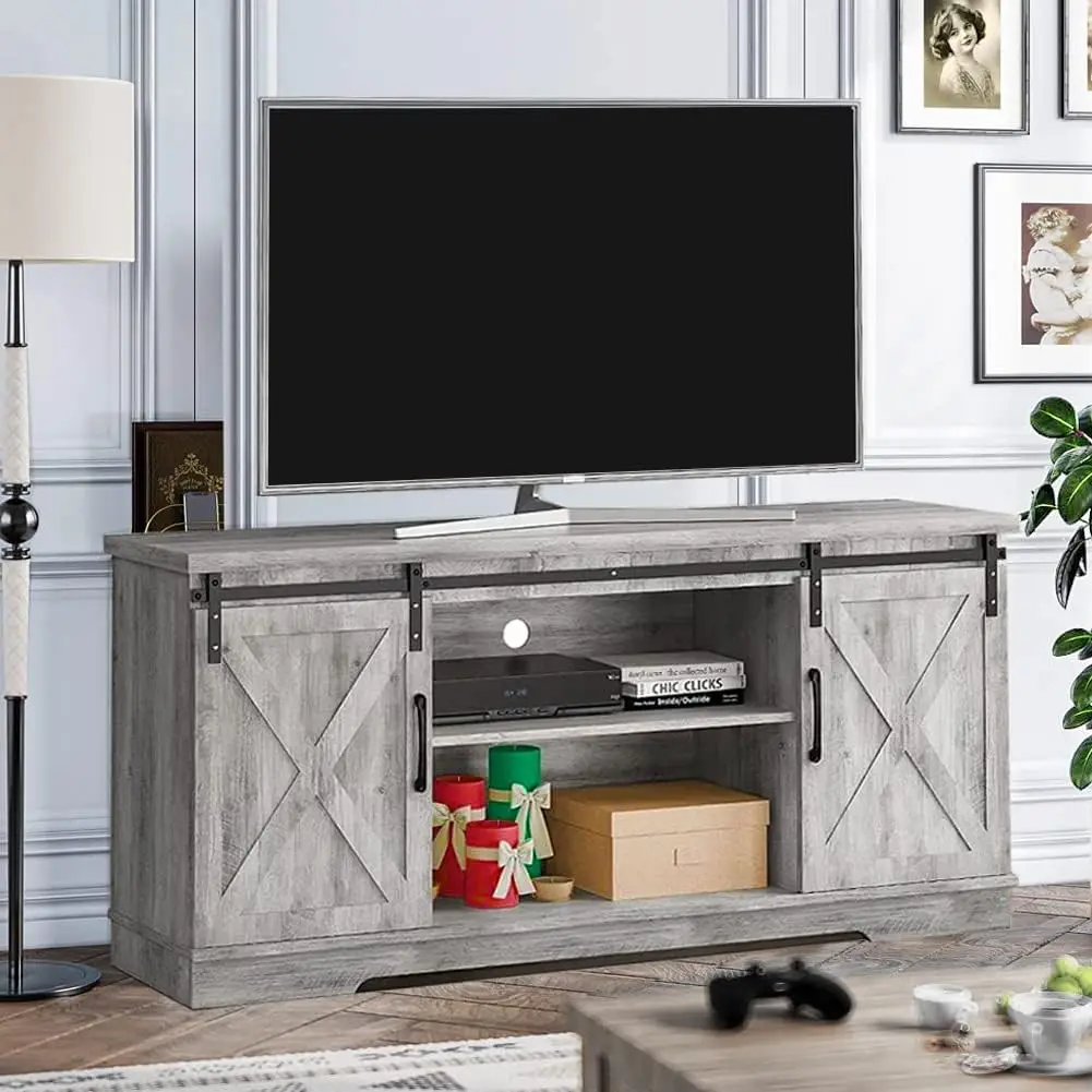 

Stand for 65 Inch TV, Farmhouse Entertainment Center TV Media Console Table, Grey TV Stand with Storage, Barn Doors and Shelves,