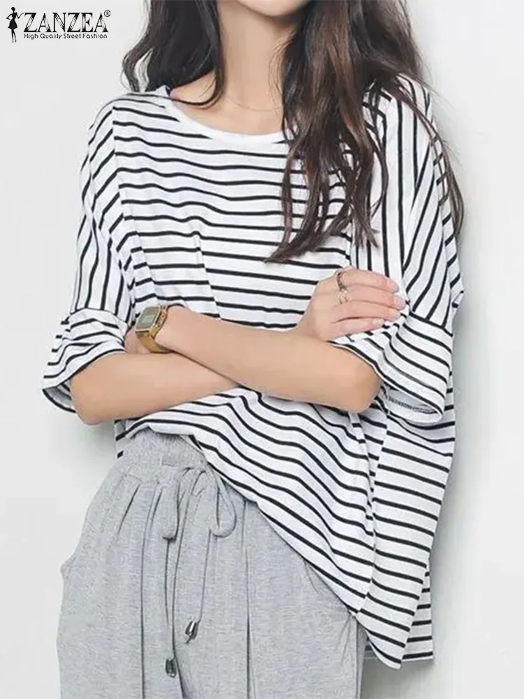 Блузка ZANZEA женская оверсайз в полоску модная Повседневная Туника с круглым
