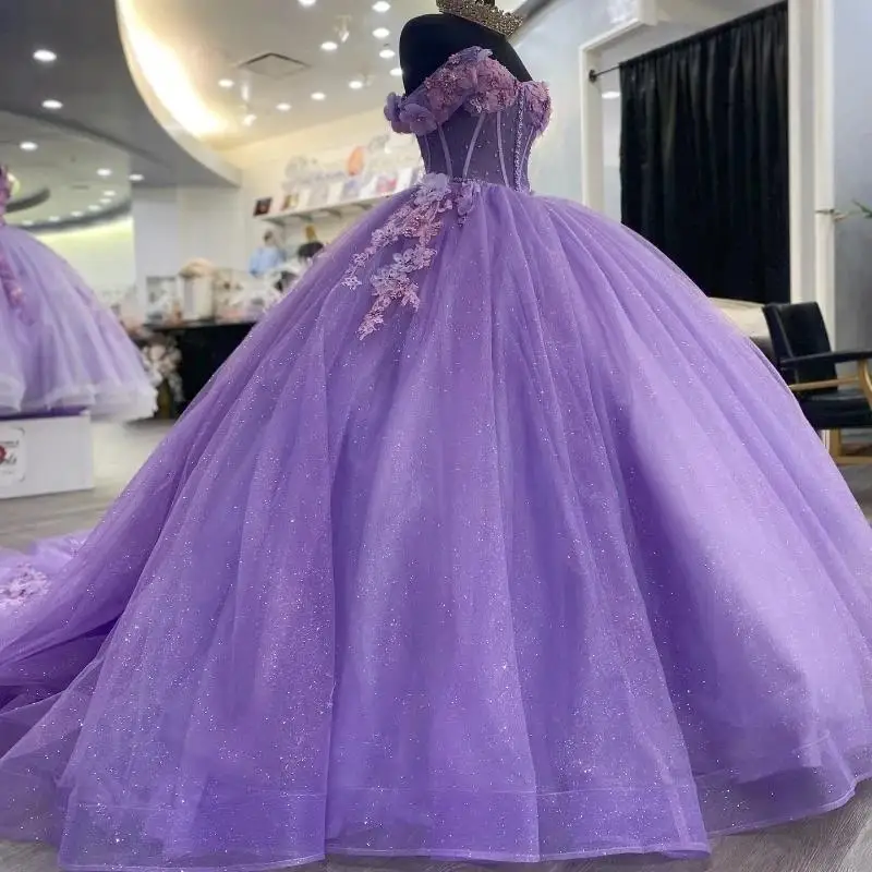 Фиолетовое бальное платье принцессы в форме сердца платья Quinceanera аппликации из