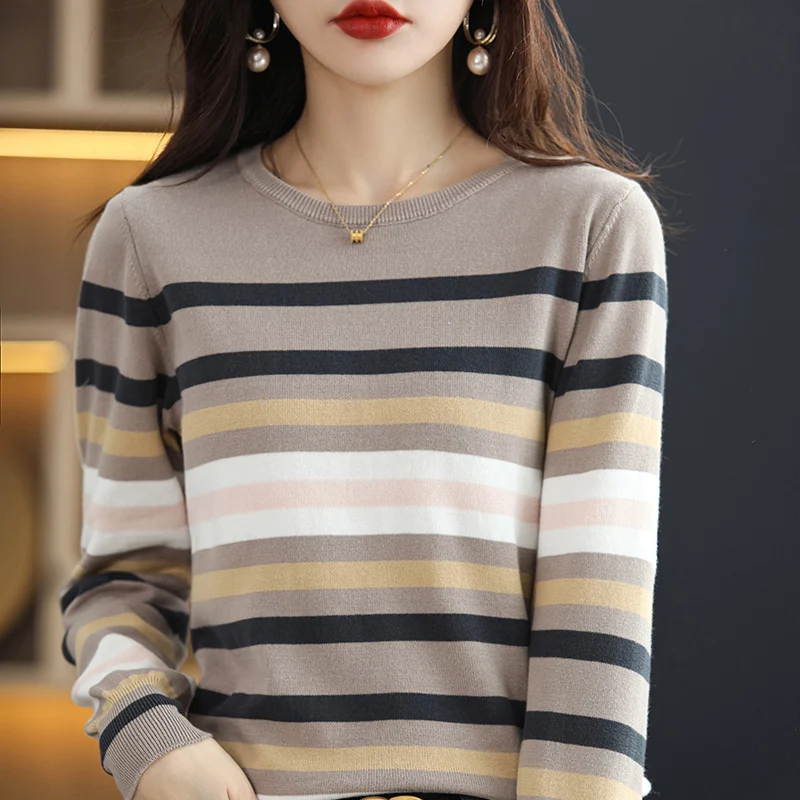 

100% Pure Cotton Sweater Spring / Autumn New Women's O-Neck Pullover Casual Striped Colorblock Knitted Tops Korean Fashion