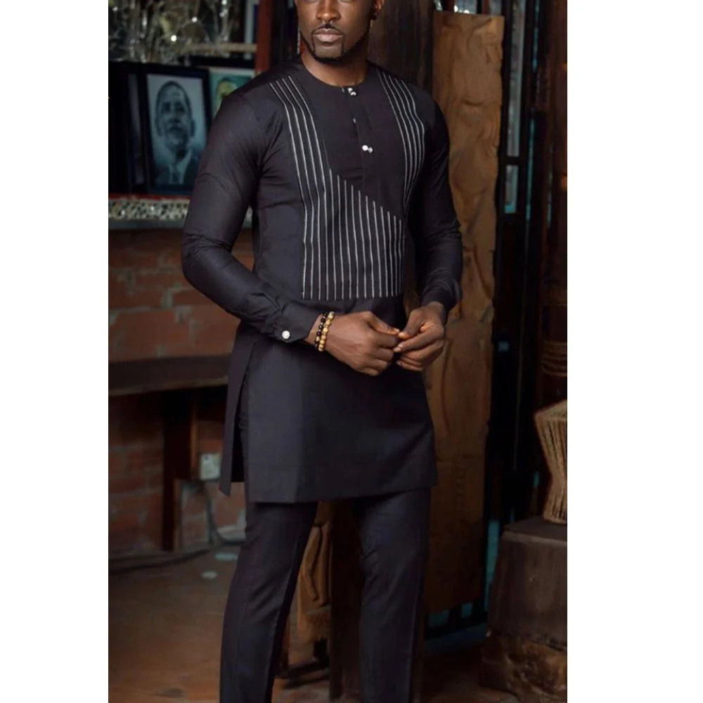 Dashiki Men's Set Printed Stripe Long Sleeve Top Trousers Pants Kaftan African Ethnic Casual 2pcs Suits Fashion Male Clothing