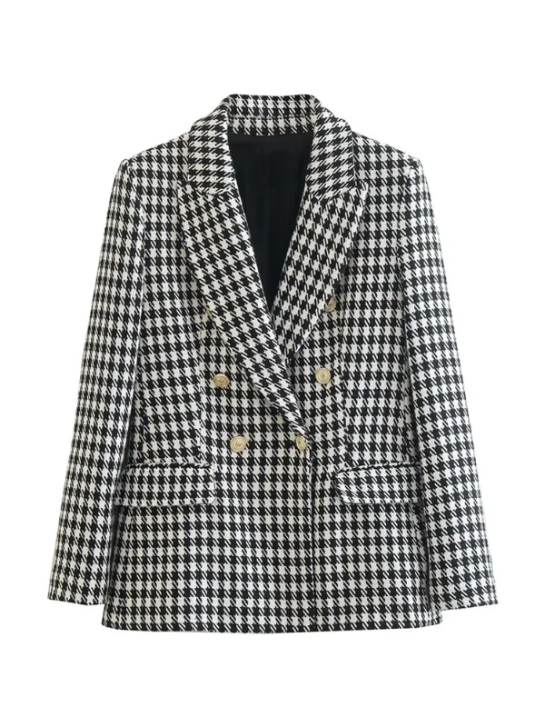 

Women Fashion Double Breasted Houndstooth Blazer Coat Vintage Long Sleeve Flap Pockets Female Outerwear Chic Vestes