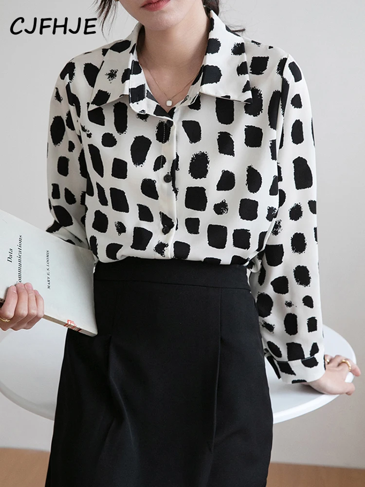 

CJFHJE Loose Printed Tops Blouse Women Autumn Fashion Long Sleeve Button Up Shirts Female Turn-Down Workwear Office Lady Shirt