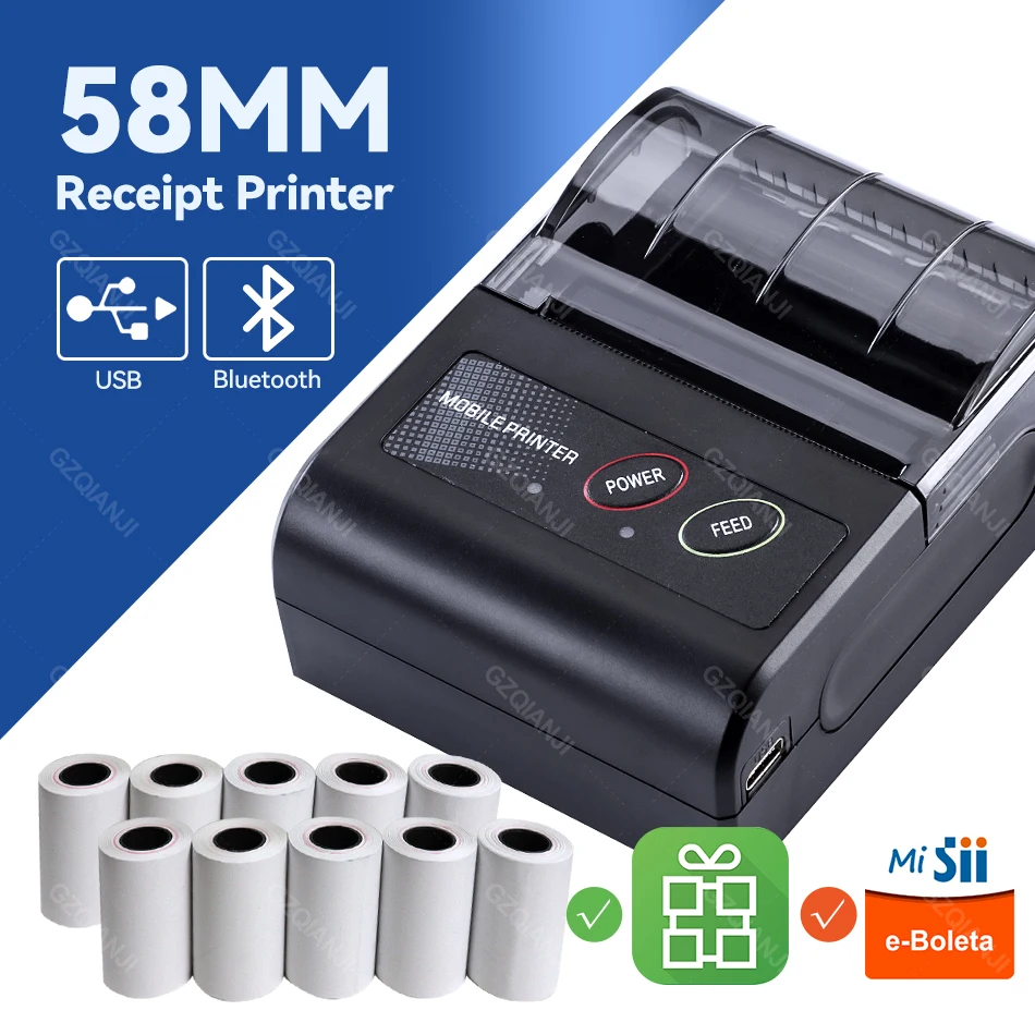 

Portable Mini Thermal Bill Printer 2 inch Wireless USB Receipt Ticket Printer Add 58mm Paper Compatible with iOS Android Windows
