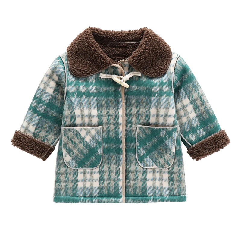Girls Dress Coat plaid wool coat Kids Winter Warm Fleece Jacket Long Sleeve Button Trench Coat Pocket Long Peacoat Outerwear