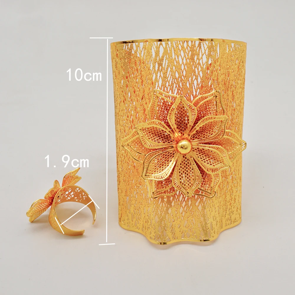 Luxury Indian Dubai Gold Color Big Bangles & Ring For Women African Arabic Charm Bracelet Jewelry Nigerian Wedding Gift Bijoux