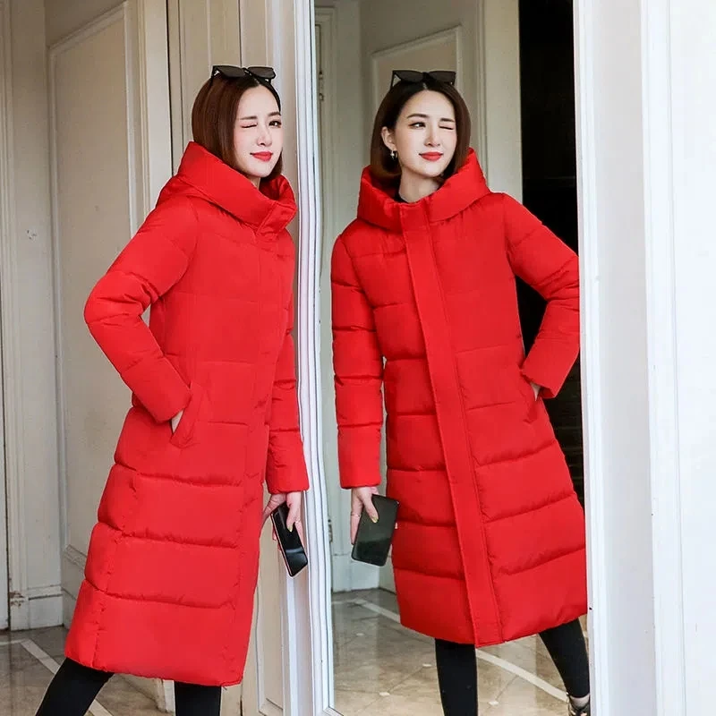 Parkas Women 2022 Winter New Korean Slim All-match Casual  Padded Jacket Female Hooded Thick Warm Long Over Knee Cotton Coat