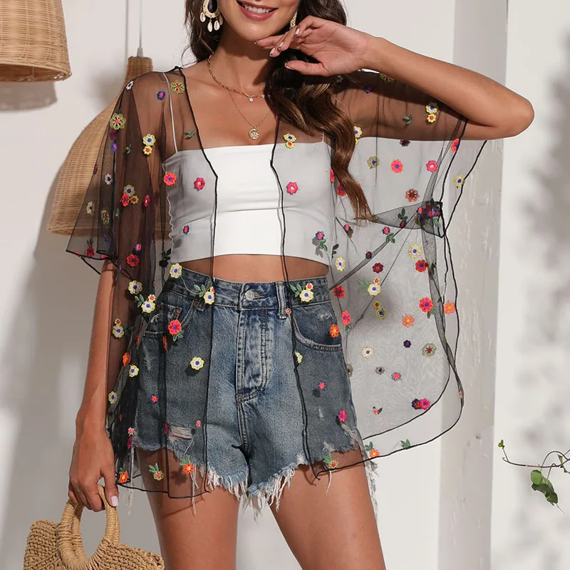 

Women's Sexy Bikini Cover Swimwear Cardigan Short Sleeve Sheer Floral Thigh Long Sunscreen Cover Up For Summer Women Clothing