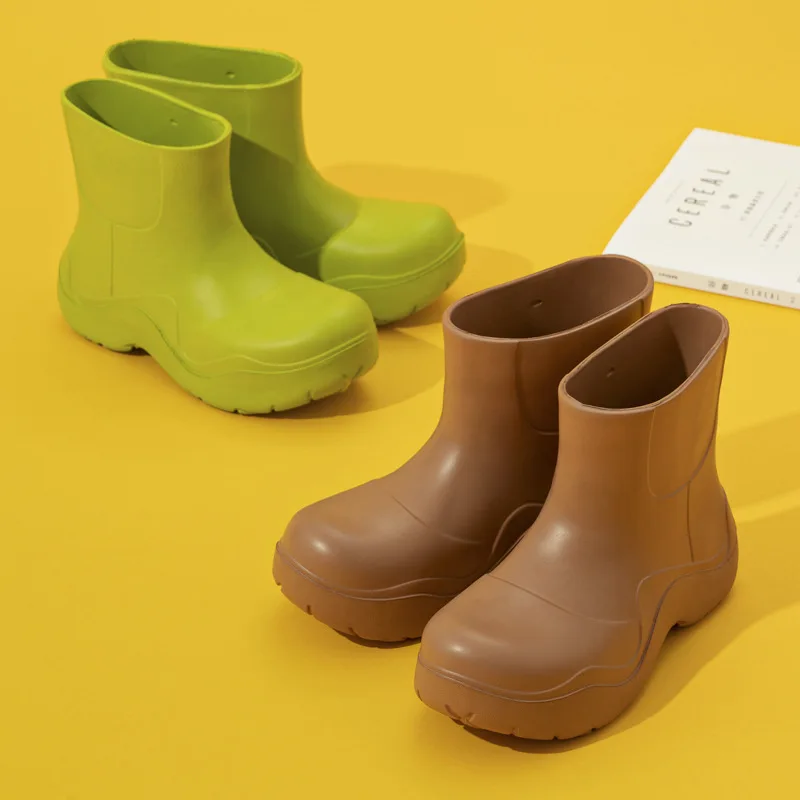 New Candy Color Rain Boots Women Casual Boots EVA Lightweight Rubber Sole Anti-Slip Shoes Solid Color Platform Ankle Boots