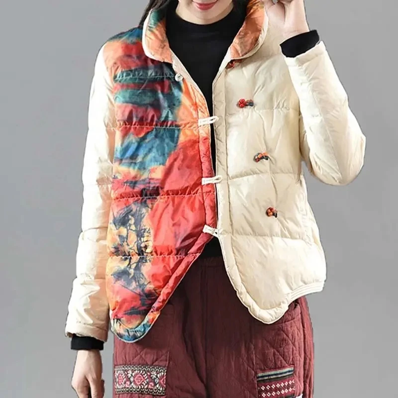 

2023 Autumn Winter Retro Chinese Style Disc Buckle Print Down Jacket Women Cotton-padded Jacket Ladies Short Warm Parkas Abrigos