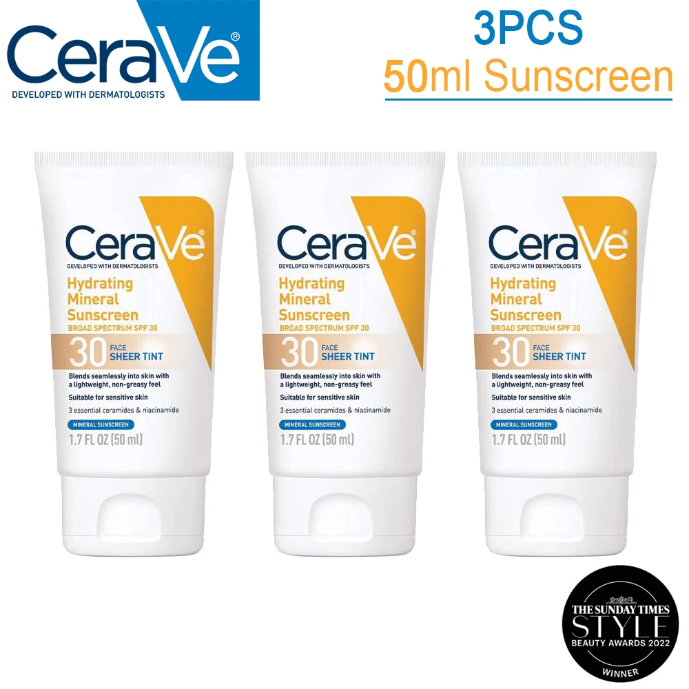 

3PCS CeraVe Hydrating Mineral Daily Sunscreen Broad Spectrum Spf 30 Face Sheer Tint Moisturizer For All Skin Types Face Cream