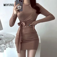 spring sexy hollow out wrap hip black short dress women bottom wild long sleeve bandage one piece elegant casual stretch