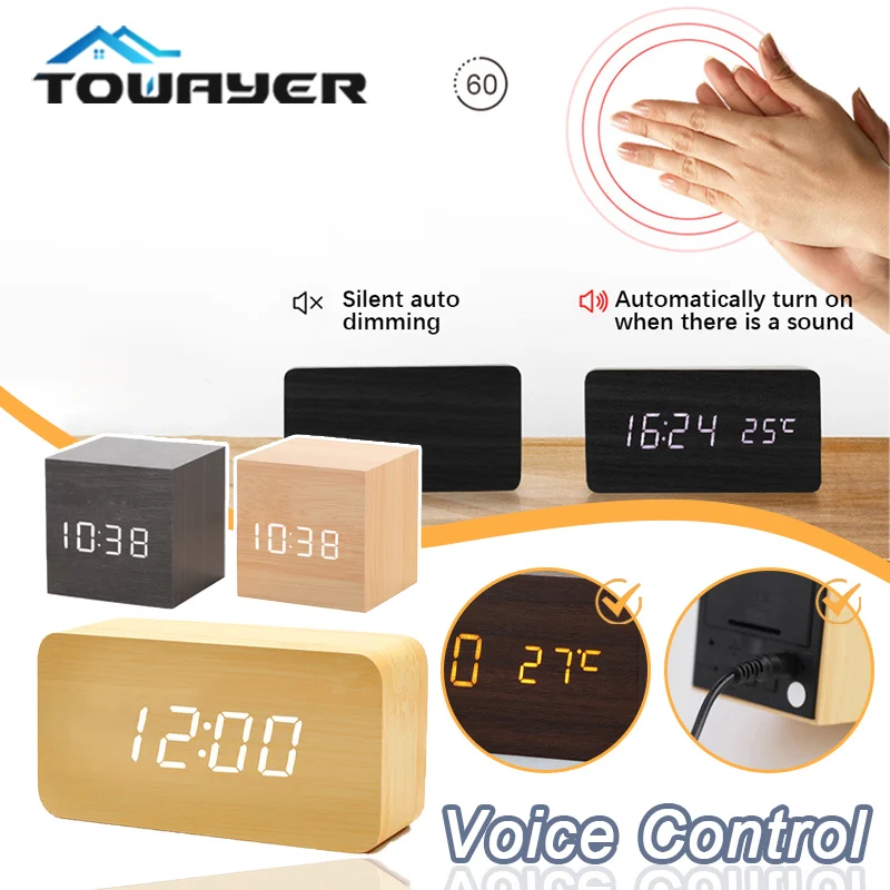

Wooden Alarm Clock LED Digital Clock Voice Control Digital Wooden Desk Clock With Thermometer USB/AAA Powered Desktop Clock