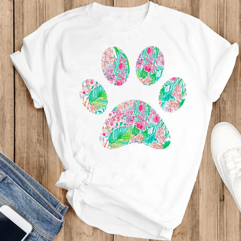 

Women Graphic Dog Paw Floral Cartoon Cute Printing Fashion Summer Wear Vacation Print Short Sleeve Tops Tees Tshirt T-Shirt