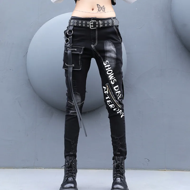 

#3061 Black Slim Women's Pencil Jeans Low Waist Cotton Skinny Denim Pants Female Spring Streetwear Spliced Holes Pocket Zipper