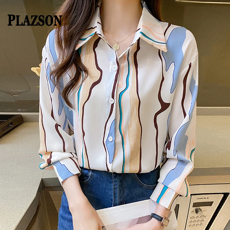 

PLAZSON Fashion Women Shirt Autumn Long Sleeve Line Print Blouse Cardigan Tops Slim Lapel Office Ladies Shirts camisas y blusas