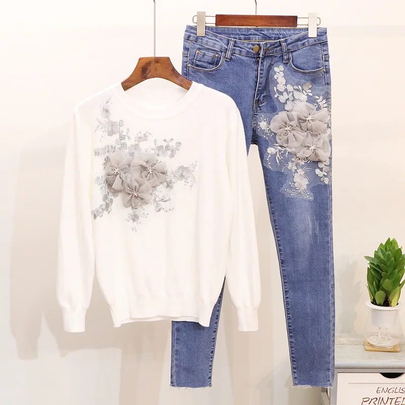

Luxury Knitted Tops + Denim Pants Sets 2022 Spring Autumn 2 Pieces Sets Casual Women's Two Pcs Sets 3D Floral Sweaters Sets