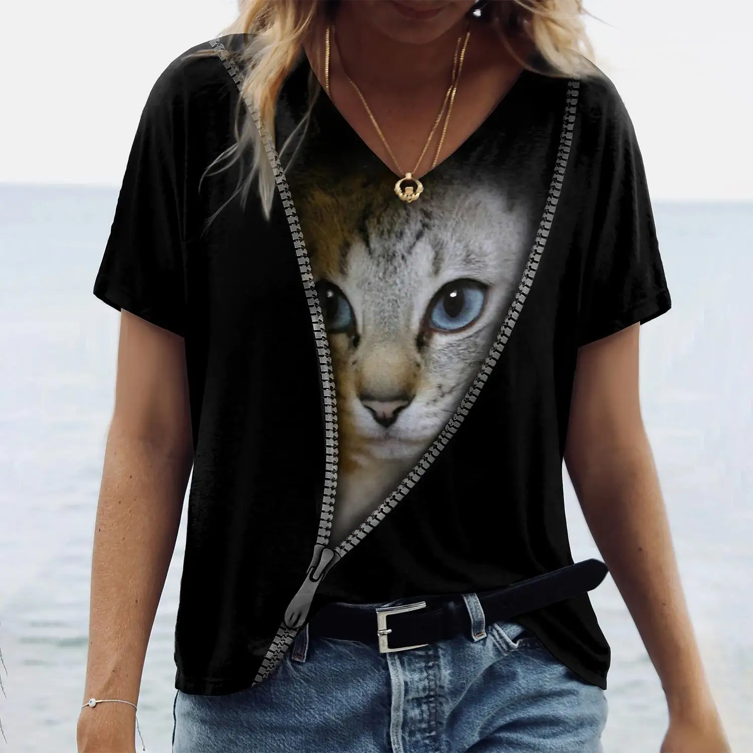 

Women's T-shirt Black Short Sleeve Cat Animal Print Ladies T-shirts Summer Fashion V Neck Casual Modern 2022 Female Tees Tops