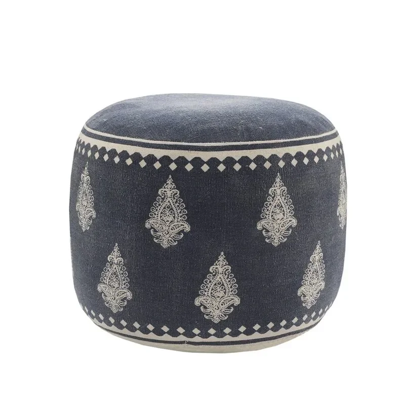 

Modern Navy & Cream, 18" x 18" x 14" Handcrafted Bordered Fairy-tale Motif Pouf: Perfect for an Eye-catching Statement Piece.