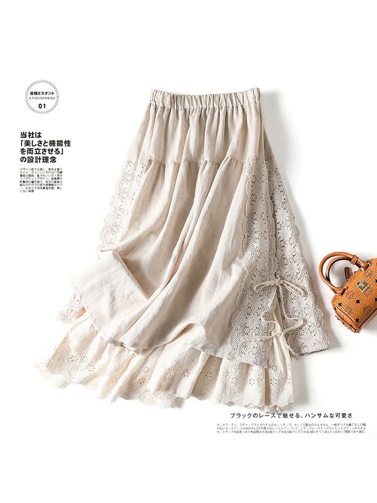 

Japan Sweet style Mori girl's lace bandage Stitched Linen Embroidery A-Line Skirt Fairy Lolita Layers Elastic Princess Skirt