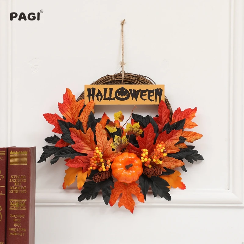 

40cm Autumn Wreath Halloween Thanksgiving Decoration Christmas Garland Home Maple Leaf Decoration Wreath Door Window Restaurant