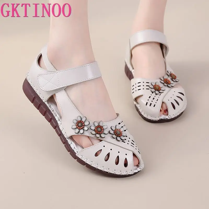 

GKTINOO Summer New Handmade Women's Shoes National Style Genuine Leather Hollow Women's Sandals soft Flat with Sandals