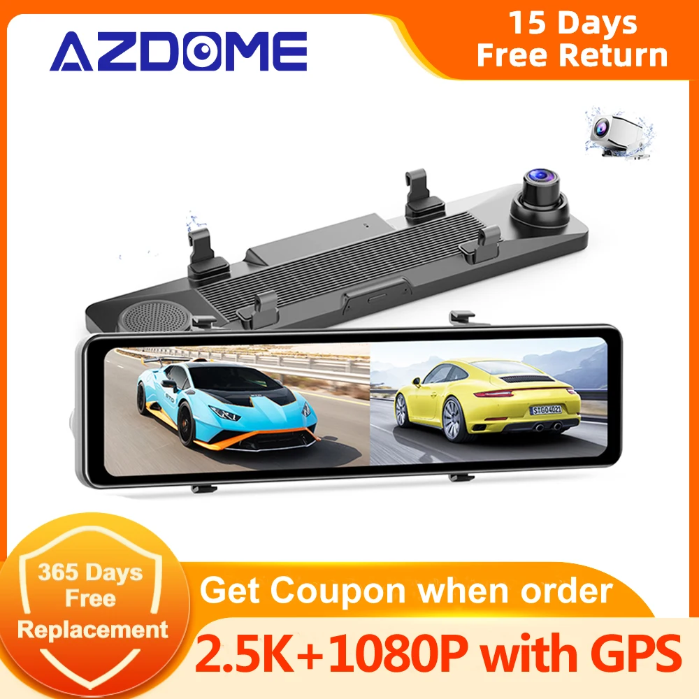 

AZDOME DVR Car Mirror GPS 2.5K+1080P Rear Camera (GIFT 32G TF Card) Car REARVIEW MIRROR Dual Touch Screen Emergency Recording