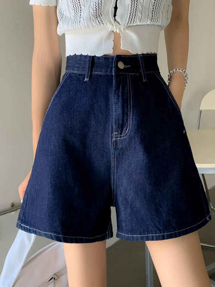 New Spring Summer Women Wide Leg Dark Blue Denim Shorts Streetwear Female Button Loose Jeans Shorts Bottoms
