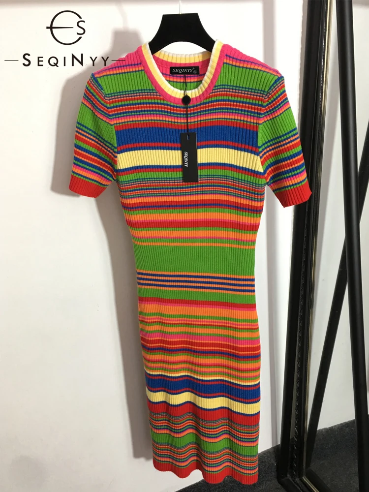 

SEQINYY Slim Knee Dress Spring Autumn New Fashion Design Women Runway Colorful Stripes High Quality Knitting Sheath