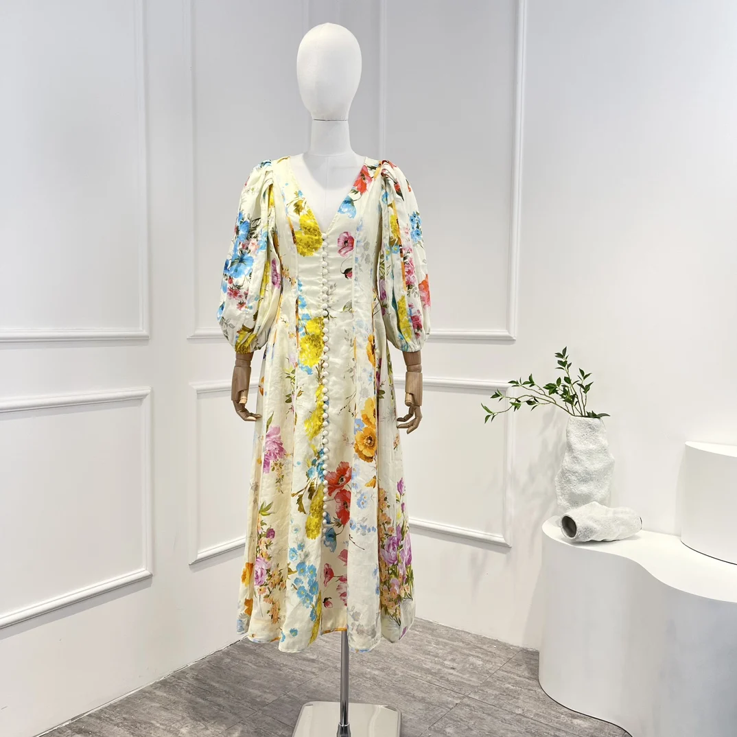 

Linen Natural Fabric 2023 High Quality Spring Summer Beach Style Casual V-neck Lantern Sleeve Button Woman Midi Dress