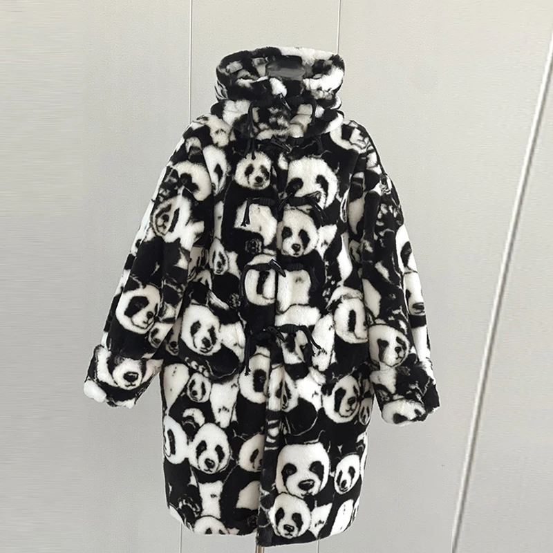 Loose Faux Fur Hooded Coat Women 2022 Winter Vintage Horn Button Lovely Panda Cow Long Jackets Female Casual Oversized Outerwear
