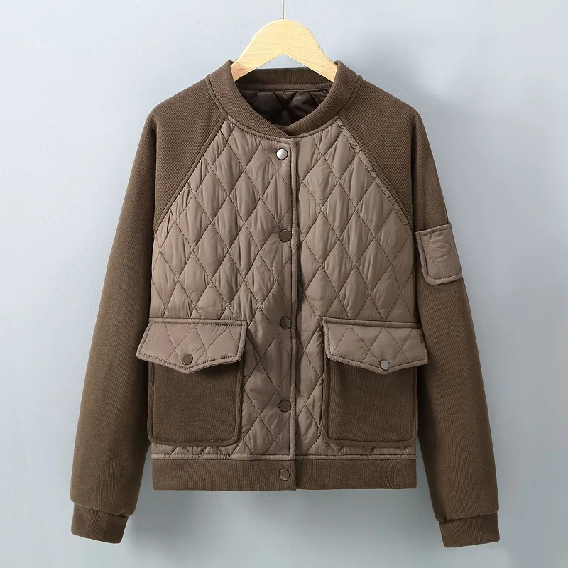 

Korean version of Women's Winter jacket with patchwork baseball, 2024 new warm diamond plaid round neck jacket, Woman