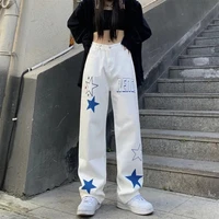 women streetwear cartoon print pocket denim straight pants loose lady gothic street long jeans autumn korean fashion clothes