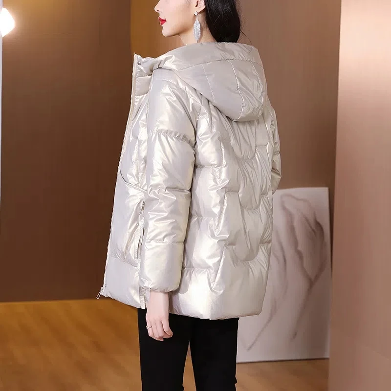 2022 New Bright Surface Thickened Down Padded Jacket Women's Hooded Mid-Length Loose Warm Coat Elegant Quilted Parka Outwear