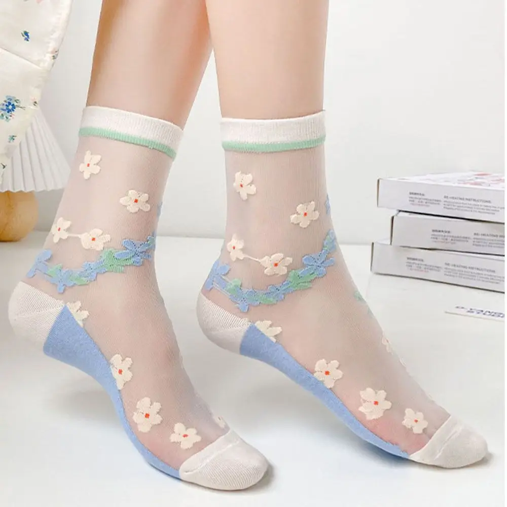 

Transparent Personality Women Japanese style Sweet Female Hosiery Glass Silk Socks Long Tube Socks Flower Socks