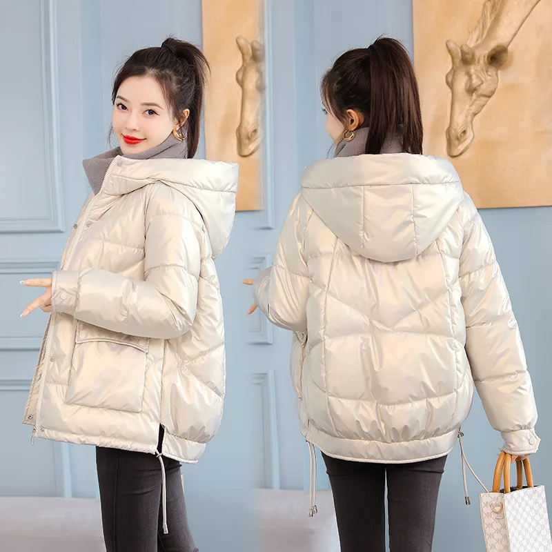 Parkas Women Glossy Cotton-Padded Jacket Women's Short down Cotton-Padded Jacket Loose Hoodie Padded Coat Winter Coat Women