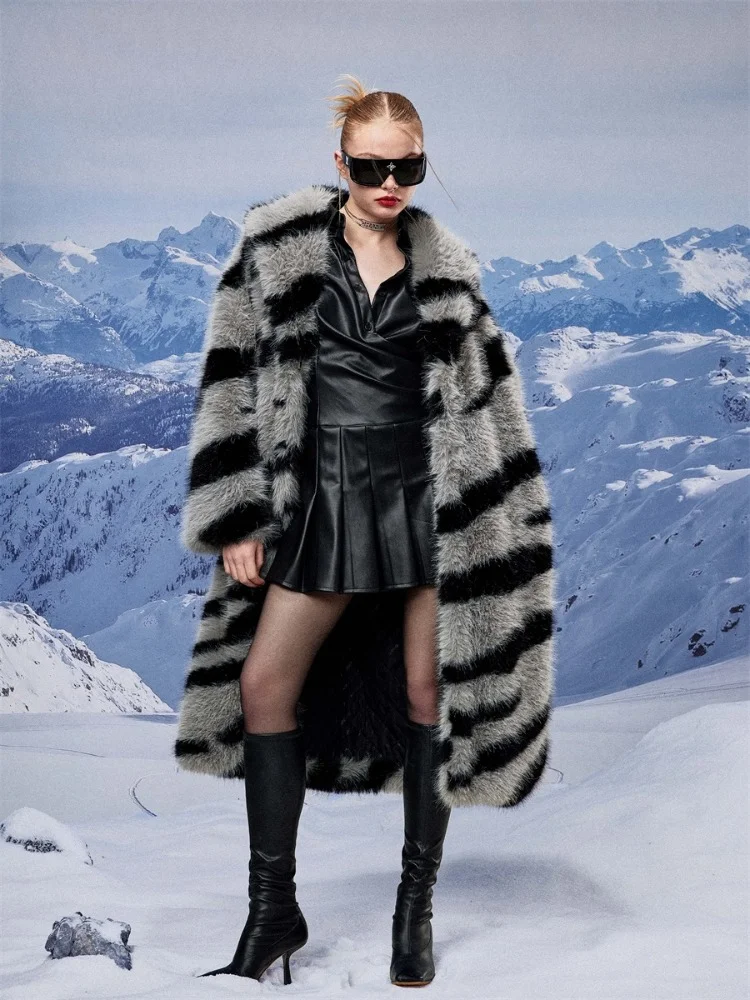 Coat Women's Gray Zebra Pattern Suit Collar Double Breasted Imitation Fur Thickened Warm Autumn and Winter Oversize Overcoat 1Pc