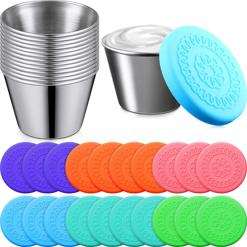 

20 Pack Dipping Cups with Lid, 2.5 Oz Stainless Steel Dipping Sauce Cups, Condiment Containers with Lid, Freezer Cups