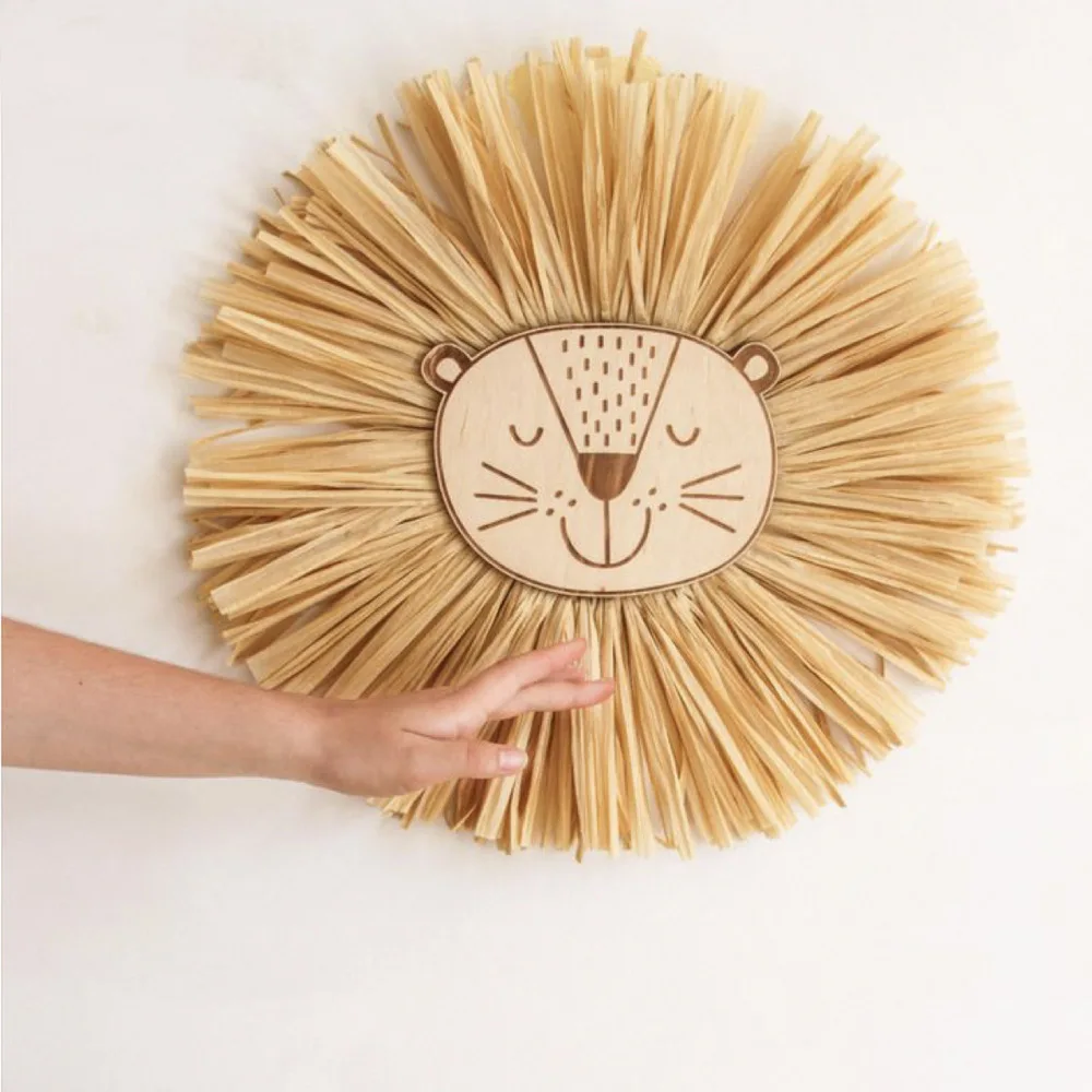 

INS Nordic Handmade Lion Wall Decor Cotton Thread Straw Woven Animal Head Wall Hanging Ornament for Nursery Baby Room Decoration