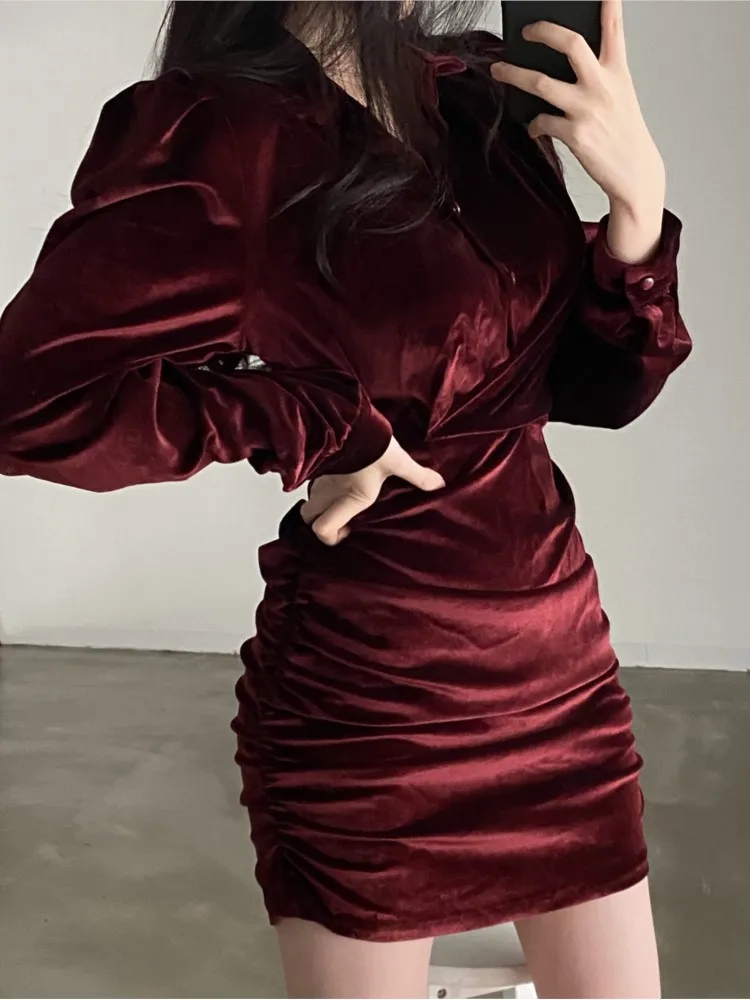 

Elegant Women Bodycon Velvet Mini Party Dress Autumn Casual Pleated Sexy Evening Vestidos Female Slim Wedding Robe Clothings