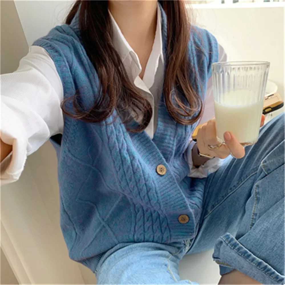 

New V-Neck Single-breasted Camel Sweater Cardigan Women Autumn Loose Knitted Vest Female Outerwear ZY5255